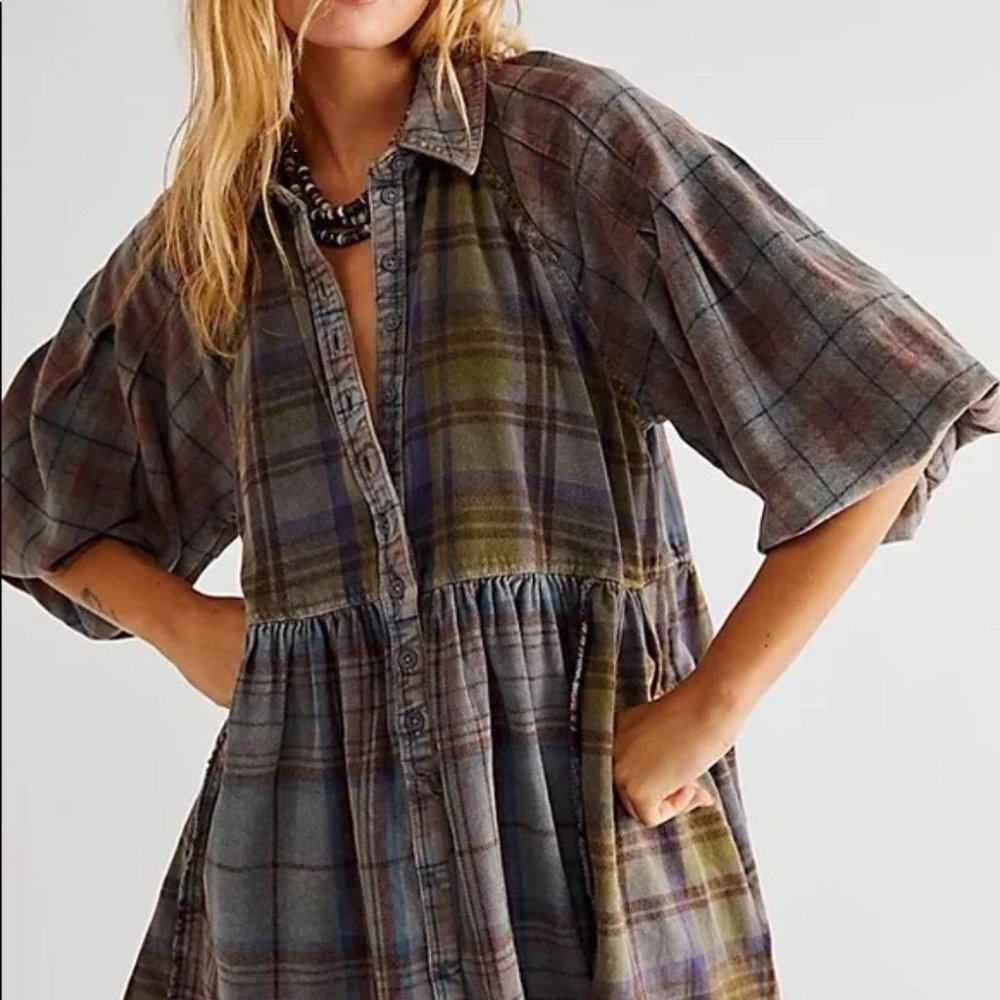 Free People Moon Bay Mixed Plaid Top - Size L